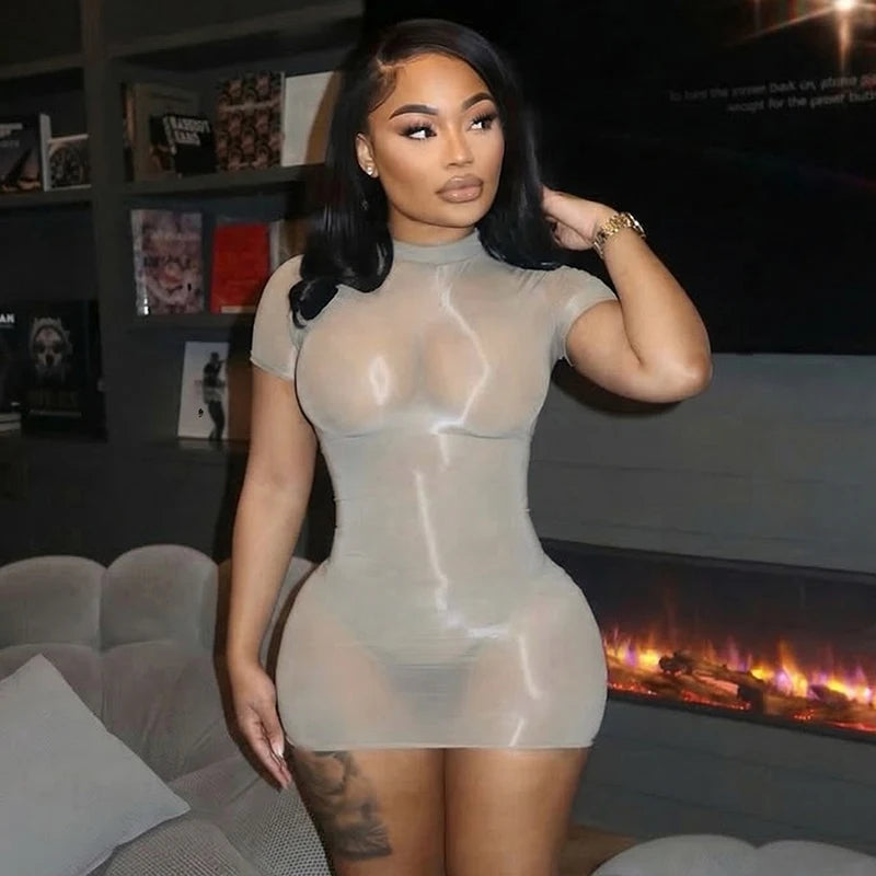 Women's Sheer Short-Sleeve Bodycon Mini Dress