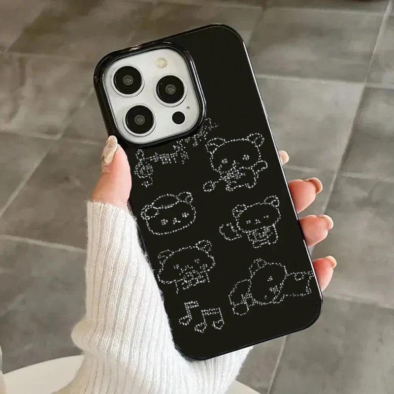 Kawaii Line Bear Black Silicone Phone Case For iPhone 17 16 15 14 13 12 11 Pro Max 7 8 Plus 16e 17Air Shockproof Soft Cover