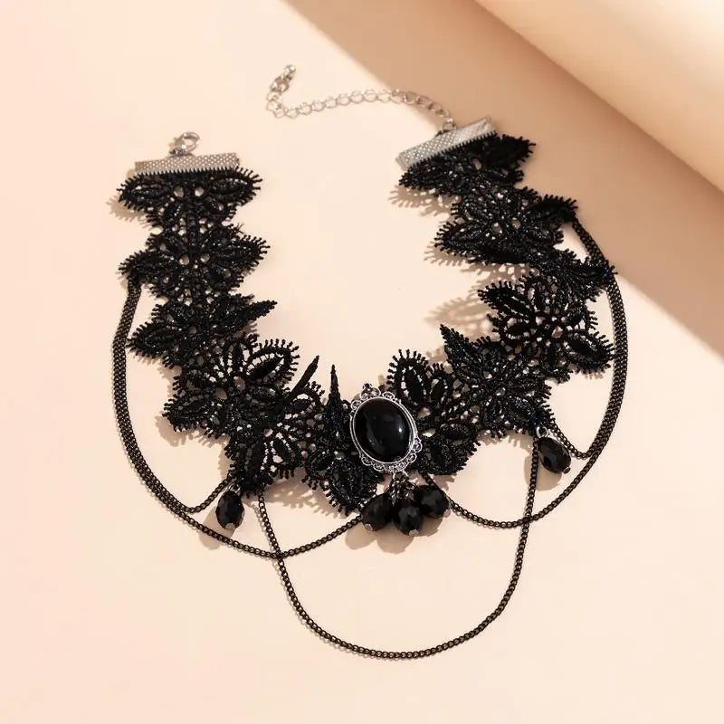 'HS'[HS]1PC Gothic Black Lace Rope Chain Necklace Crystal Beads Geometric Charm Chokers Collar Girls Women Party Y2K Jewelry New
