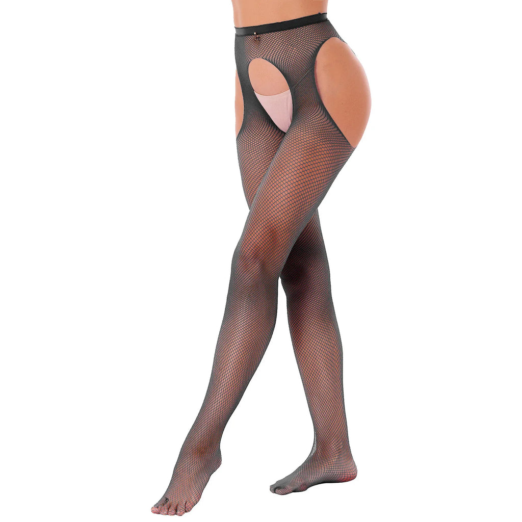 Women Sexy Solid Color Stretchy Leggings See Through Hollow Out Fishnet Stocking Lingerie Cutout Crotchless Tights Pantyhose