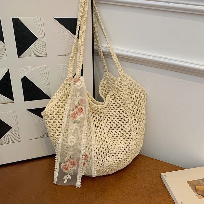 Woven Lace Bow Raffia Tote Bag