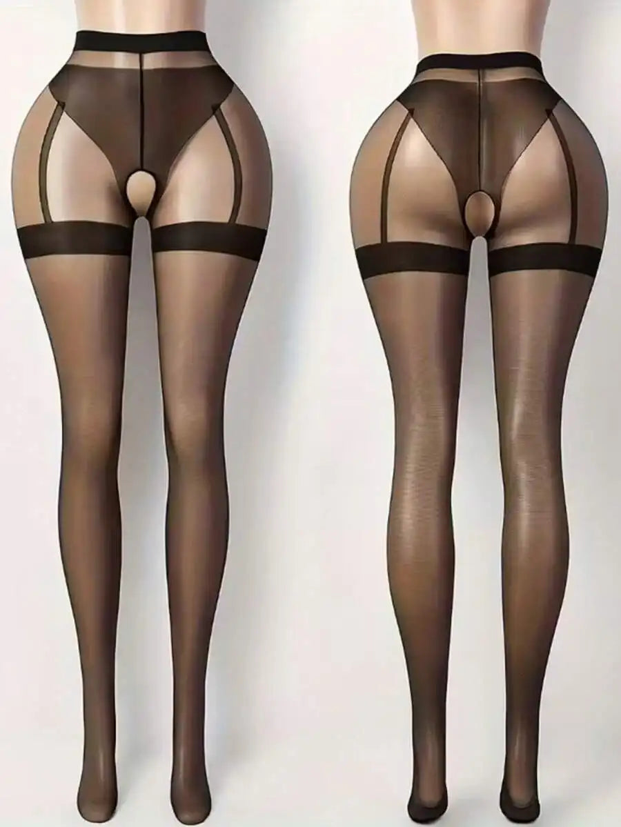 Sexy Women's Crotchless Thigh High Stockings - Sheer To Thigh, Hand Wash Only, Black Lingerie Accessory, Fashionable And Durable