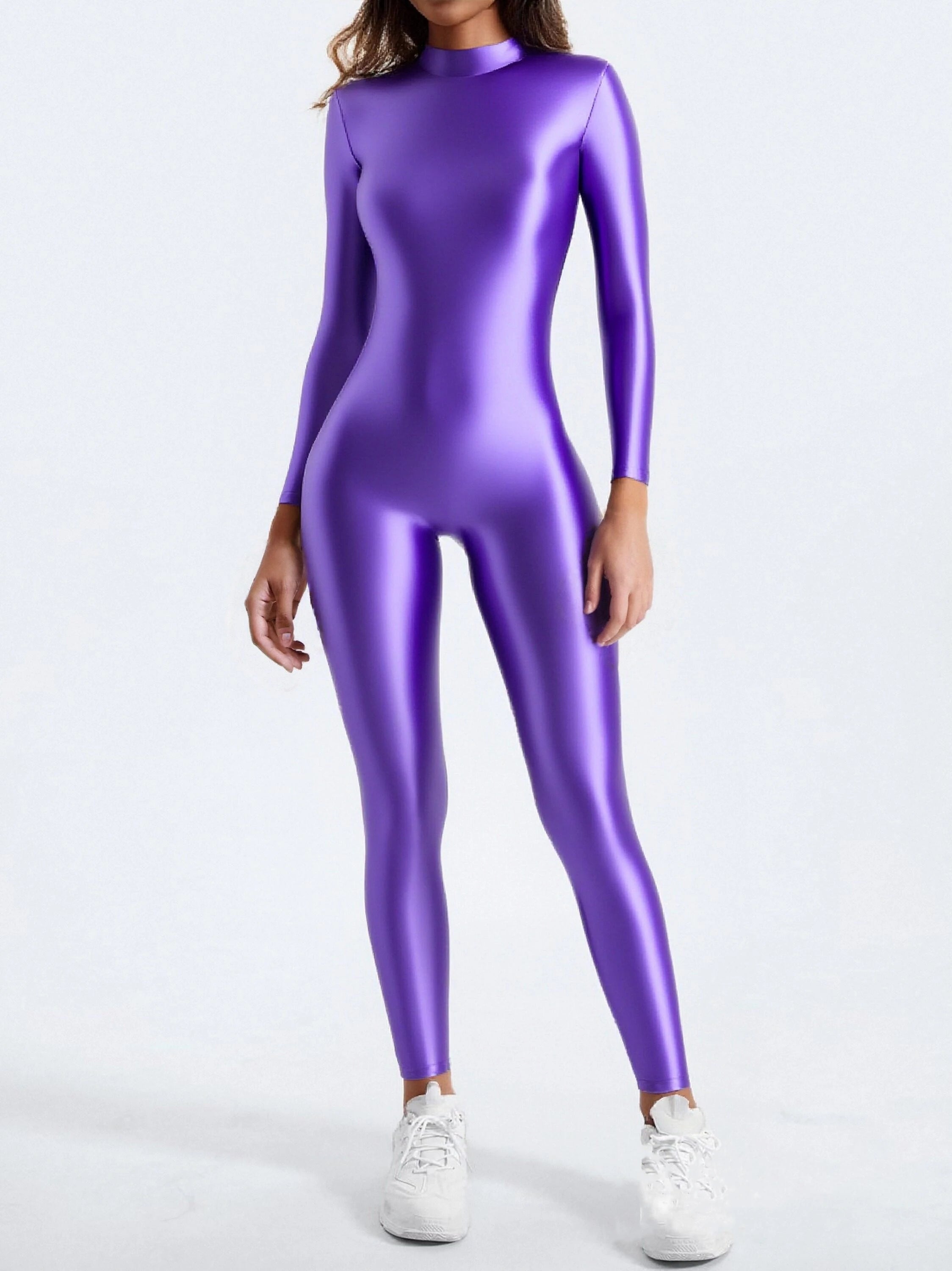 Young Satin Oil Bodysuit High Neck Zipper Long Sleeve Full Body Tight Silk Leotard Glossy Sexy Young Women's Clothing