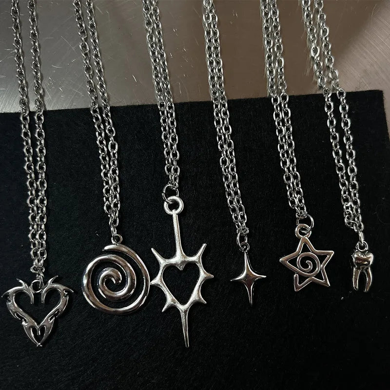 Y2K Fire Heart & Teeth Pendant Necklace