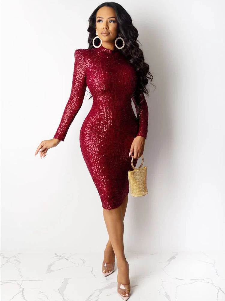 Women's Sequin Long-Sleeve Midi Pencil Dress