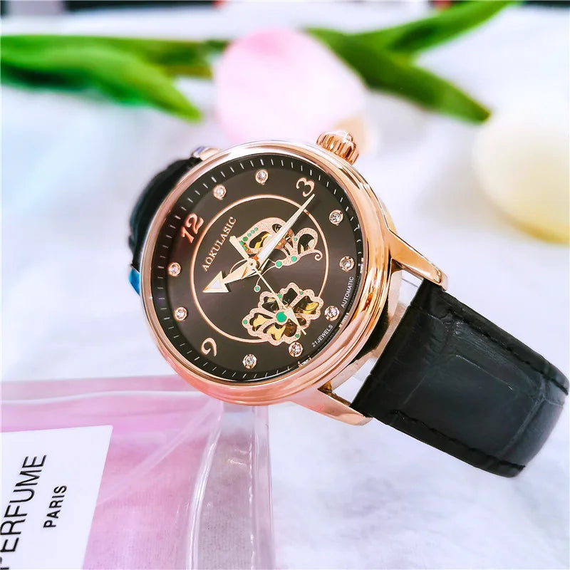 Stainless Steel New Fashion Skeleton Luminous Waterproof Self-Wind Automatic Mechanical Watch for Women