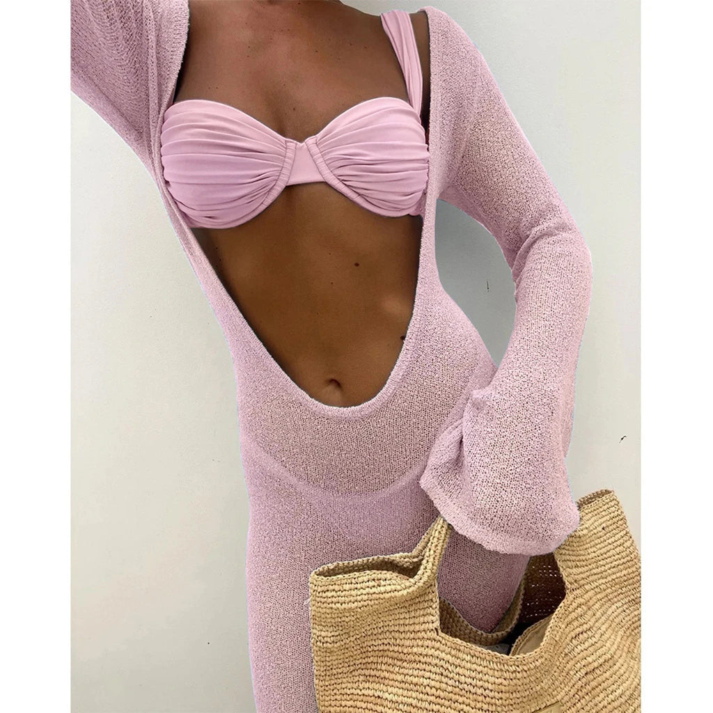 Sexy Bikini Set 2026 Women 3 Pieces Swimsuit Female Swimwear Brazilian Solid Cover Up Beachwear Dress Bathing Suit Skirt Biquini