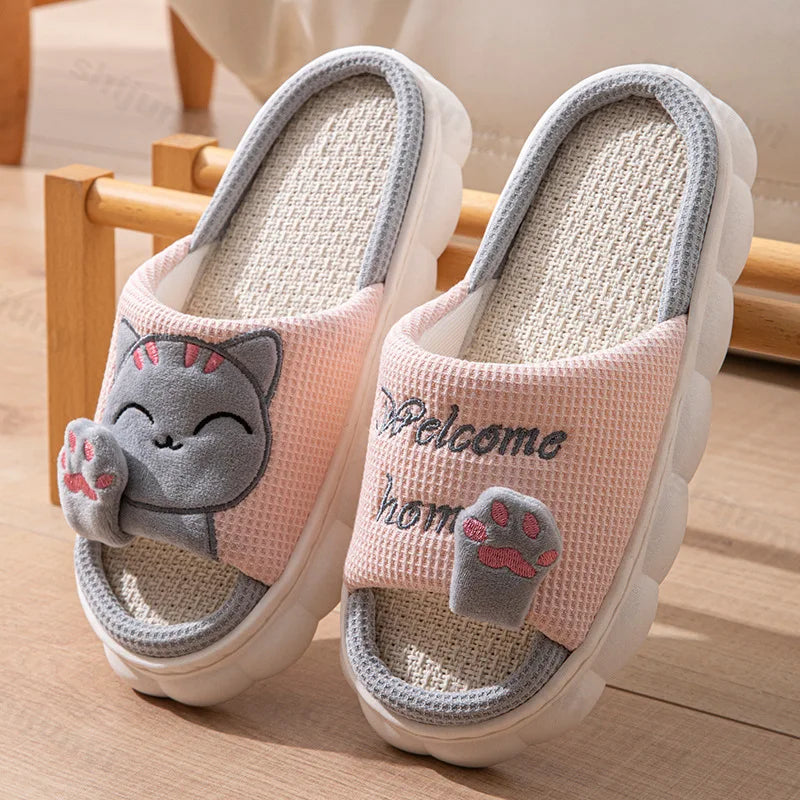 Women House Casual Slippers 2026 Spring Autumn Linen Platform Cute Cartoon Cat Floor Indoor Slippers Fashion Elegant Home Shoes