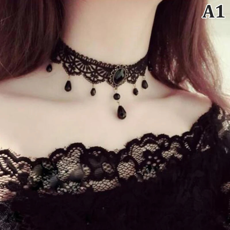 Black Lace Crystal Victorian Choker Necklace