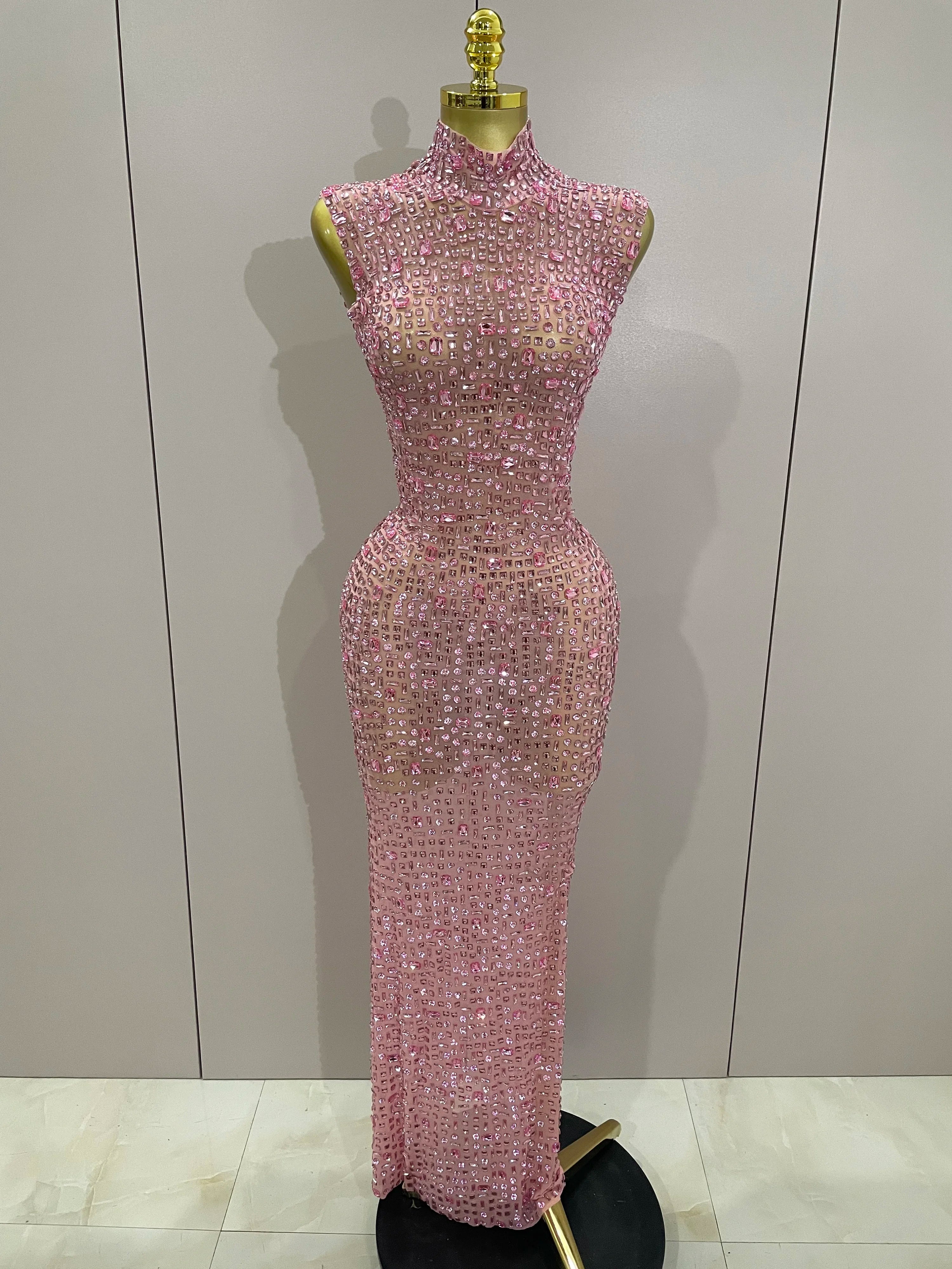 Luxury Sparkly Diamonds Red Sexy Mesh See Through Long Dress Women Eveing Celebrate Birthday Dress Wedding Singer Stage Costume