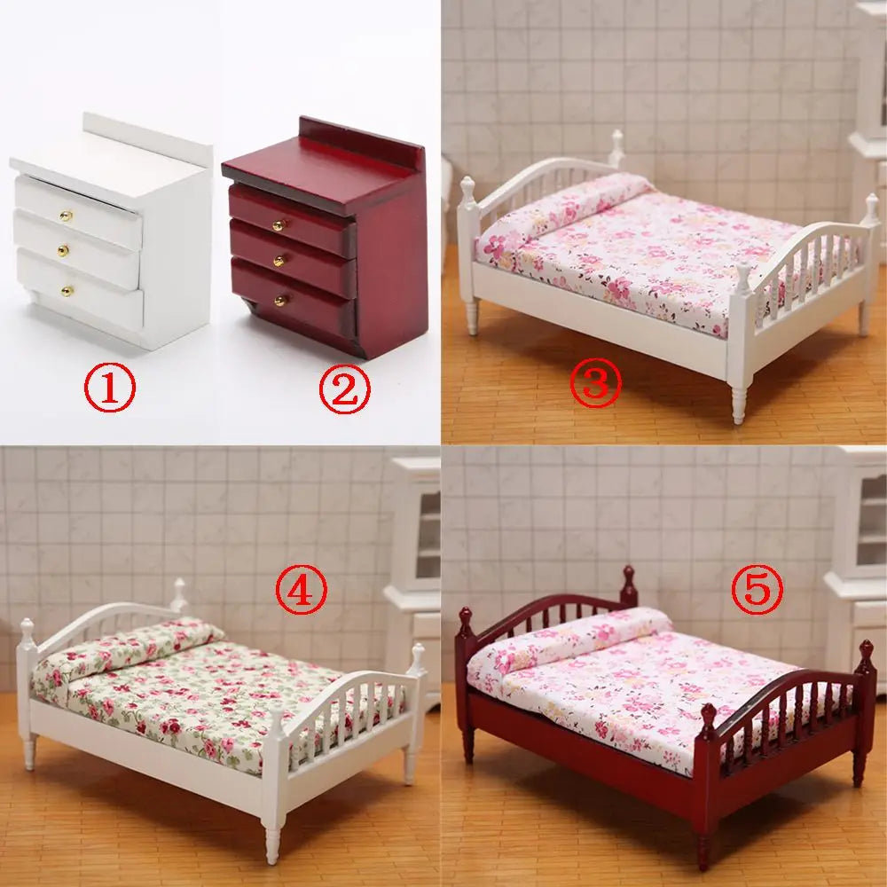 Miniature Dollhouse Bed & Bedside Table Set