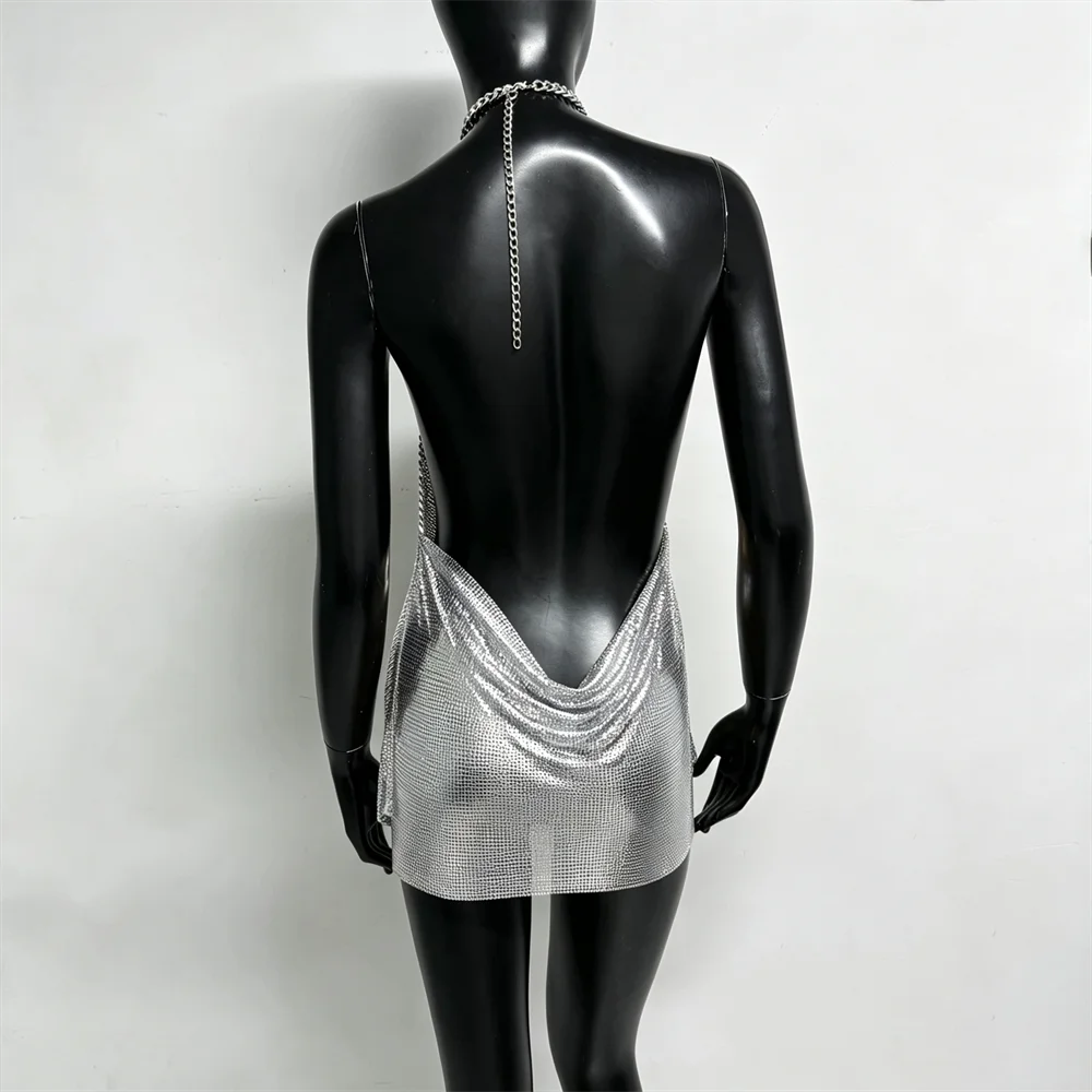 Sexy Women Deep V Neck Backless Mini Dress Shiny Metal Sequins Halter Neck Sleeveless Short Dress Rave Vocal Concert Party Dress