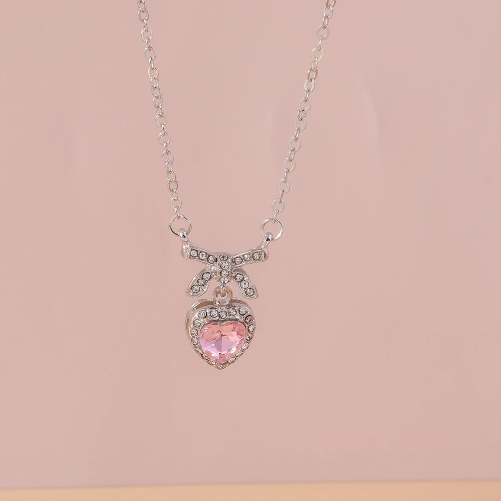 Pink Zircon Heart & Bow Pendant Necklace