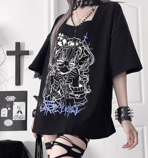 New Off-the-shoulder Subculture Cotton Tee Japanese Punk Gothic Print Dark Loose T-shirt Short/Long Sleeves Y2K Girls Cool Tops