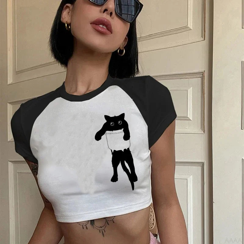 Cute Cat Graphic Y2K Crop T-Shirt