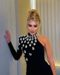Fashion Women Celebrity Sexy Single Sleeve Rhinestone Black Maxi Long Bodycon Bandage Dress Elegant Evening Club Party Dress