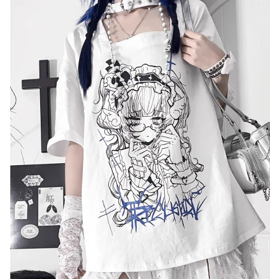 New Off-the-shoulder Subculture Cotton Tee Japanese Punk Gothic Print Dark Loose T-shirt Short/Long Sleeves Y2K Girls Cool Tops
