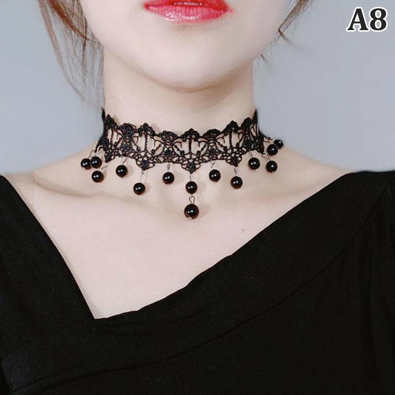 Black Lace Crystal Victorian Choker Necklace