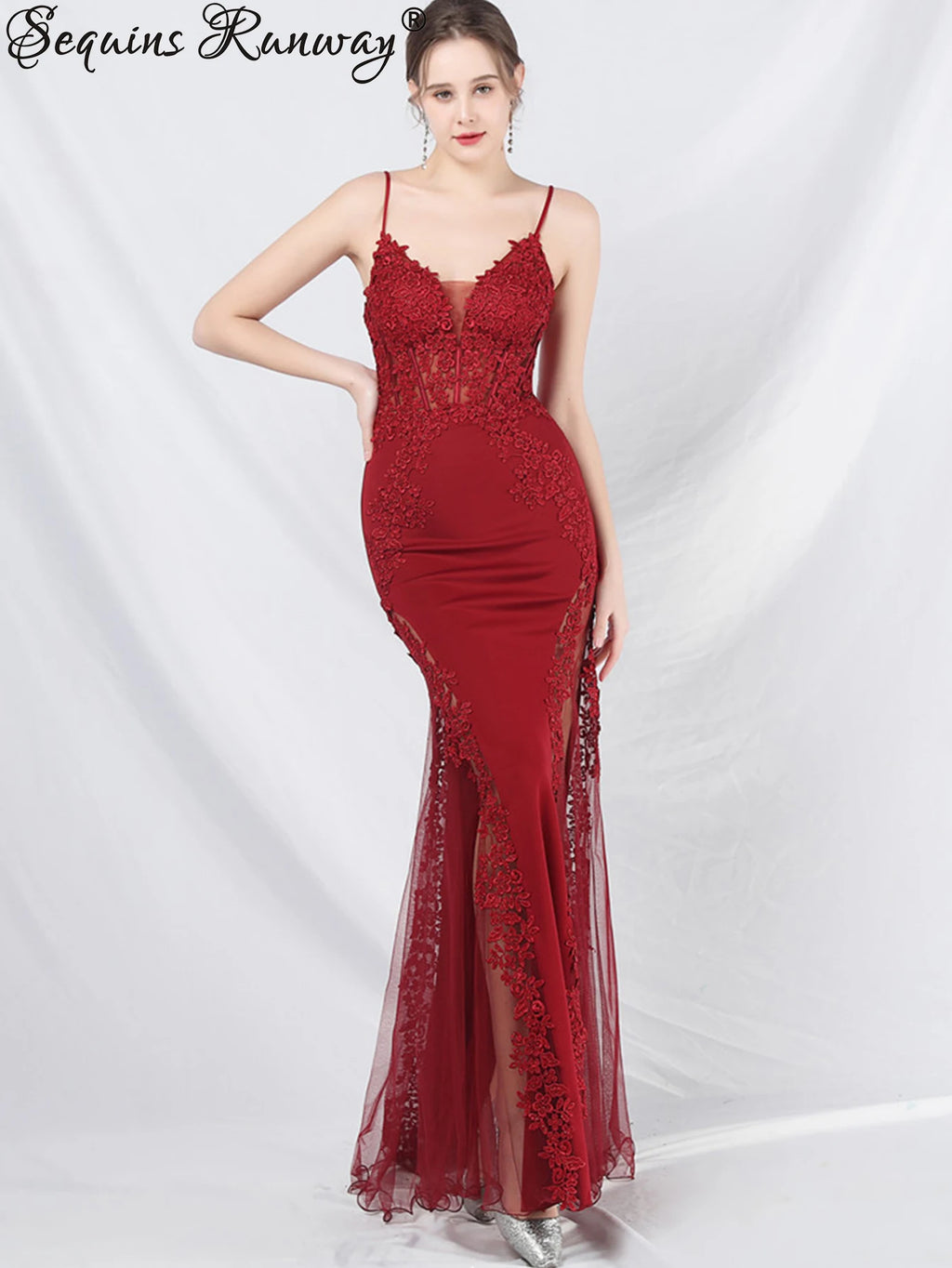 Women's Sheer Lace Mesh Maxi Evening Dress
