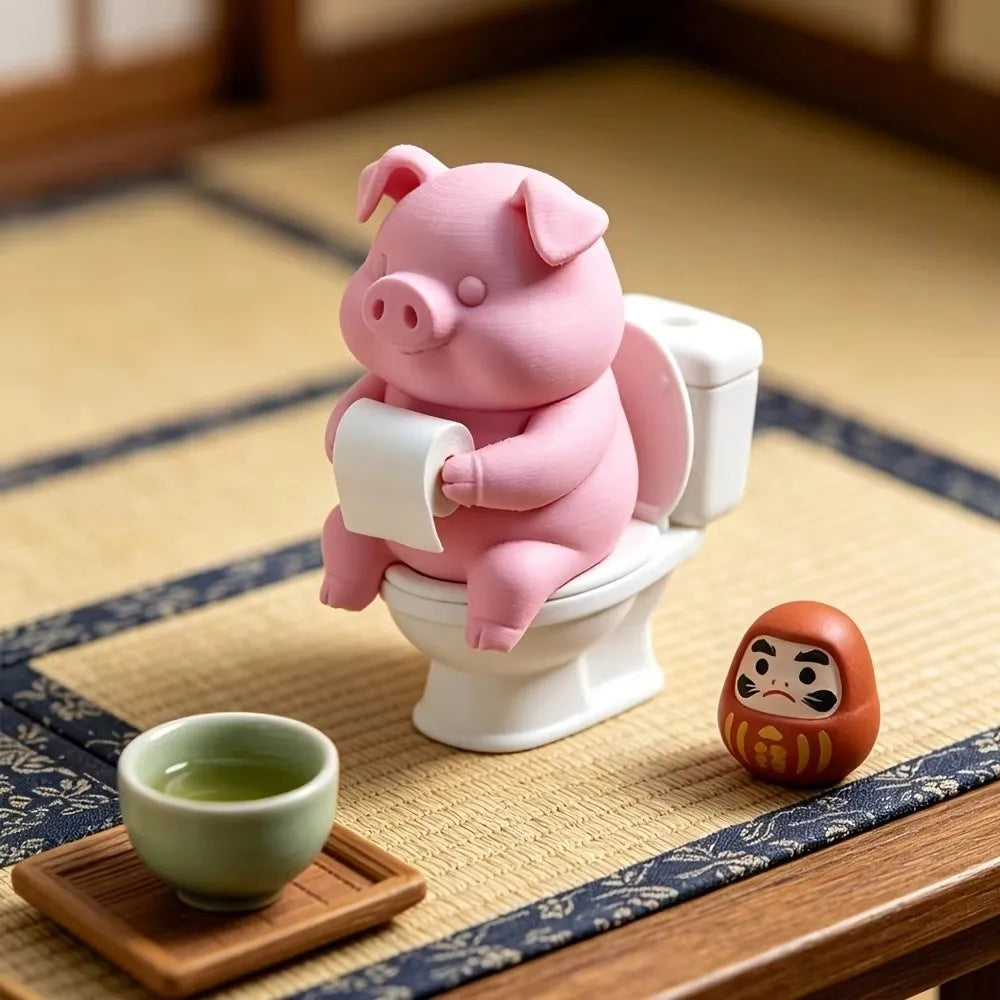Funny 3D Printed Pig Figurine Cartoon Plastic Pig Sitting on Toilet Wall Mounted Toilet Pig Decoration Desk Shelf
