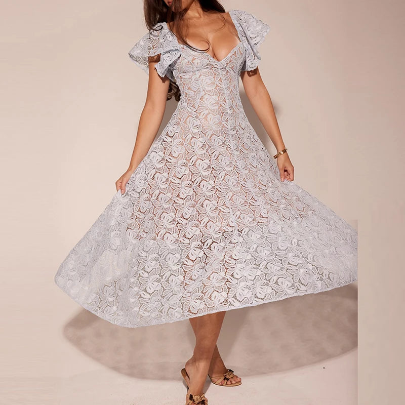Sexy V Neck Butterfly Sleeve Evening Dress Women Elegant High Waist Solid A-Line Dress Fashion Embroidery Hollow Out Long Dress