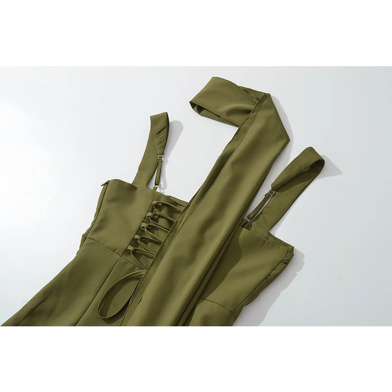 YENKYE Sexy Slit Elegant With Scarf Sling Party Dresses Women Lace Up Bandage Back Fit And Flare Dress Green Back Summer Robe