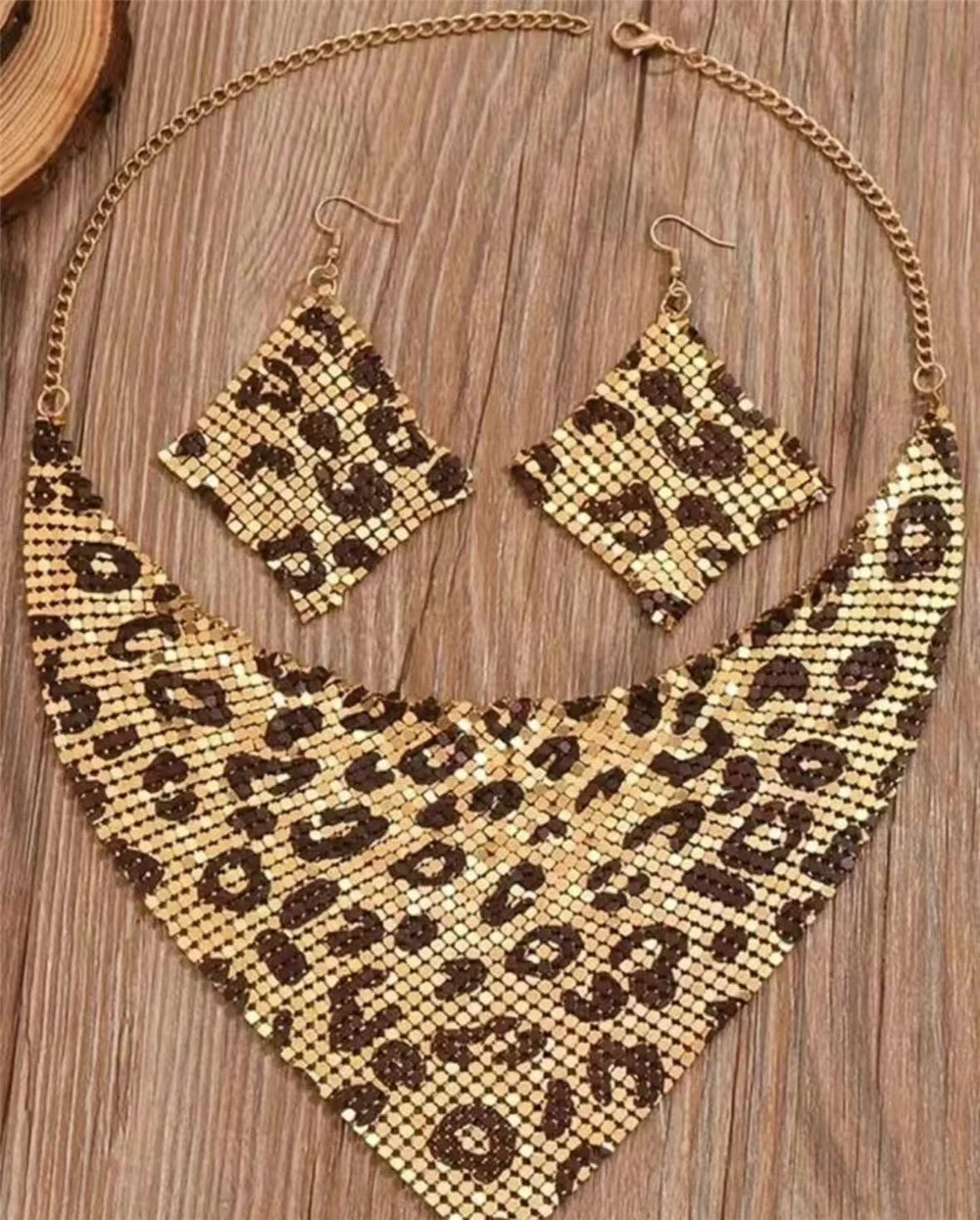 Leopard Print Bib Necklace & Dangle Earring Set