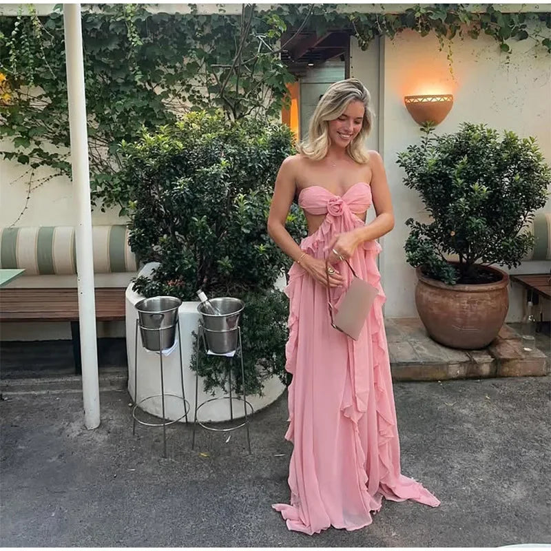 Sexy  Scarf Neck Off Shoulder Ruffles Long Dress Fashion Sleeveless High Waist Maxi Robe Women Party Evening Chic Gown