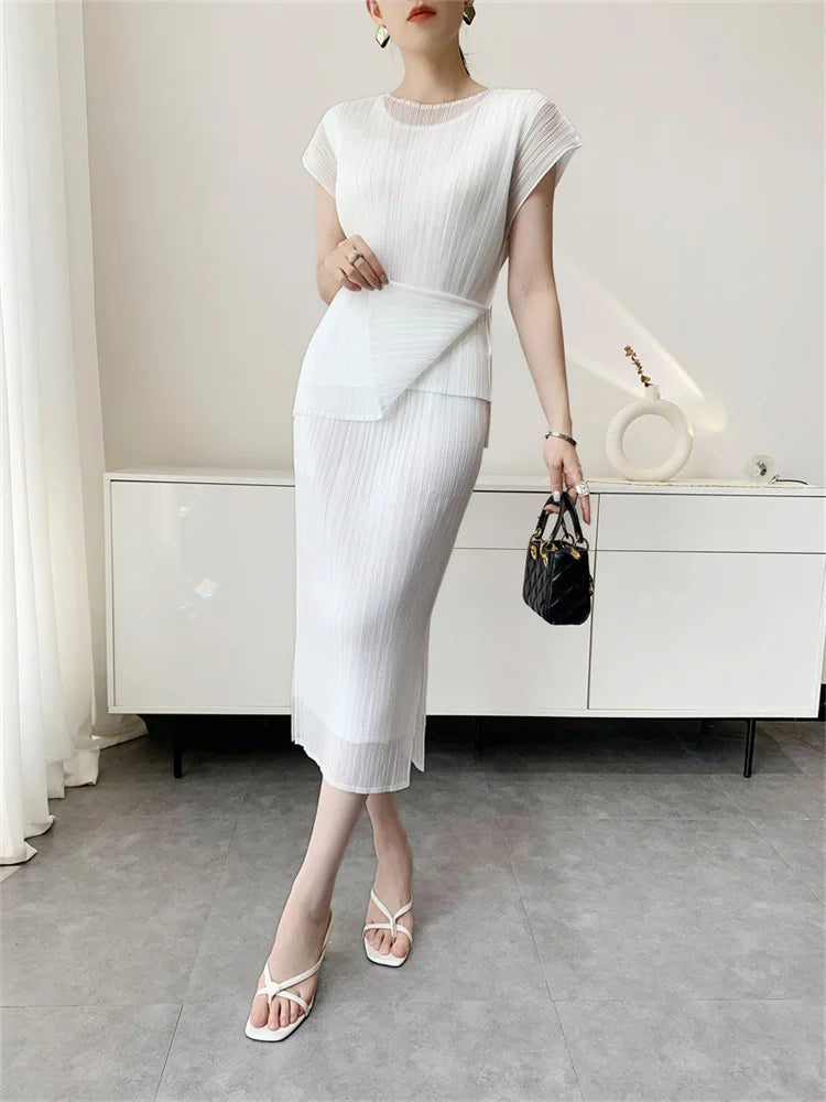 Miyake Pleated T-Shirt 2026 Summer Double-Layer Mesh Short-Sleeve Top Women's Stretch Skirt Simple Elegant Draped Commuter Set