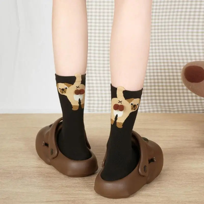1/2Pair Cartoon Cute Dog Egg Cotton Socks Kawaii Women Lolita Knitting Middle Tube Socks Cat Butt Print Cat Balls Couple Sock