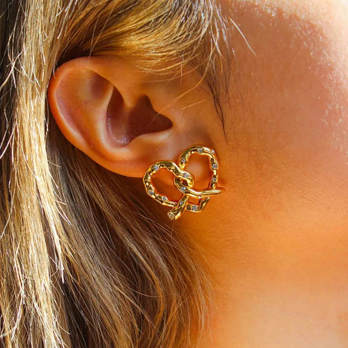 18K Gold-Plated CZ Bow & Heart Stud Earrings