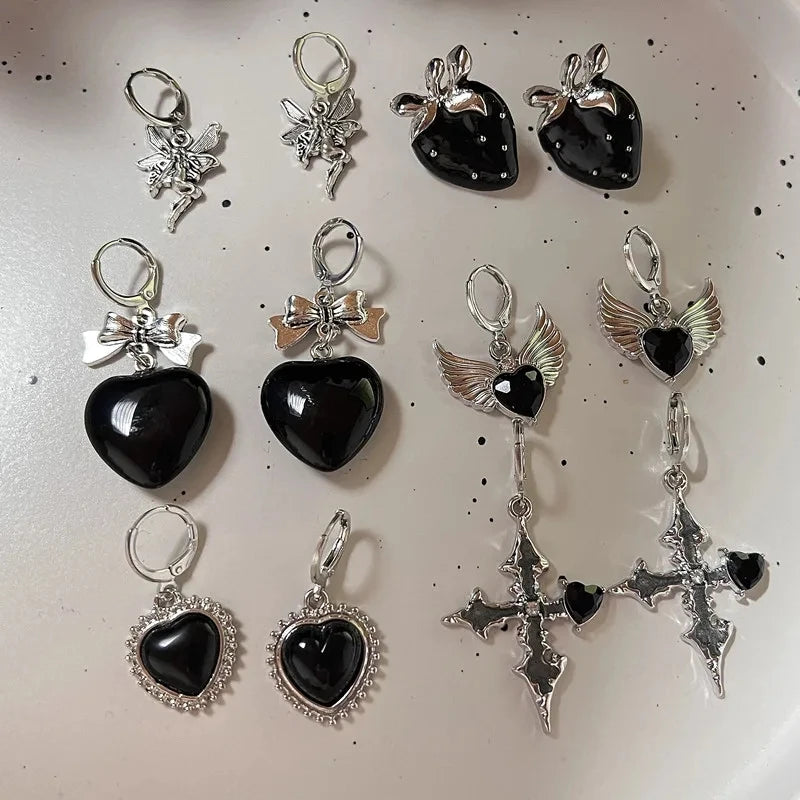 Goth Y2K Bow, Heart & Cross Drop Earrings
