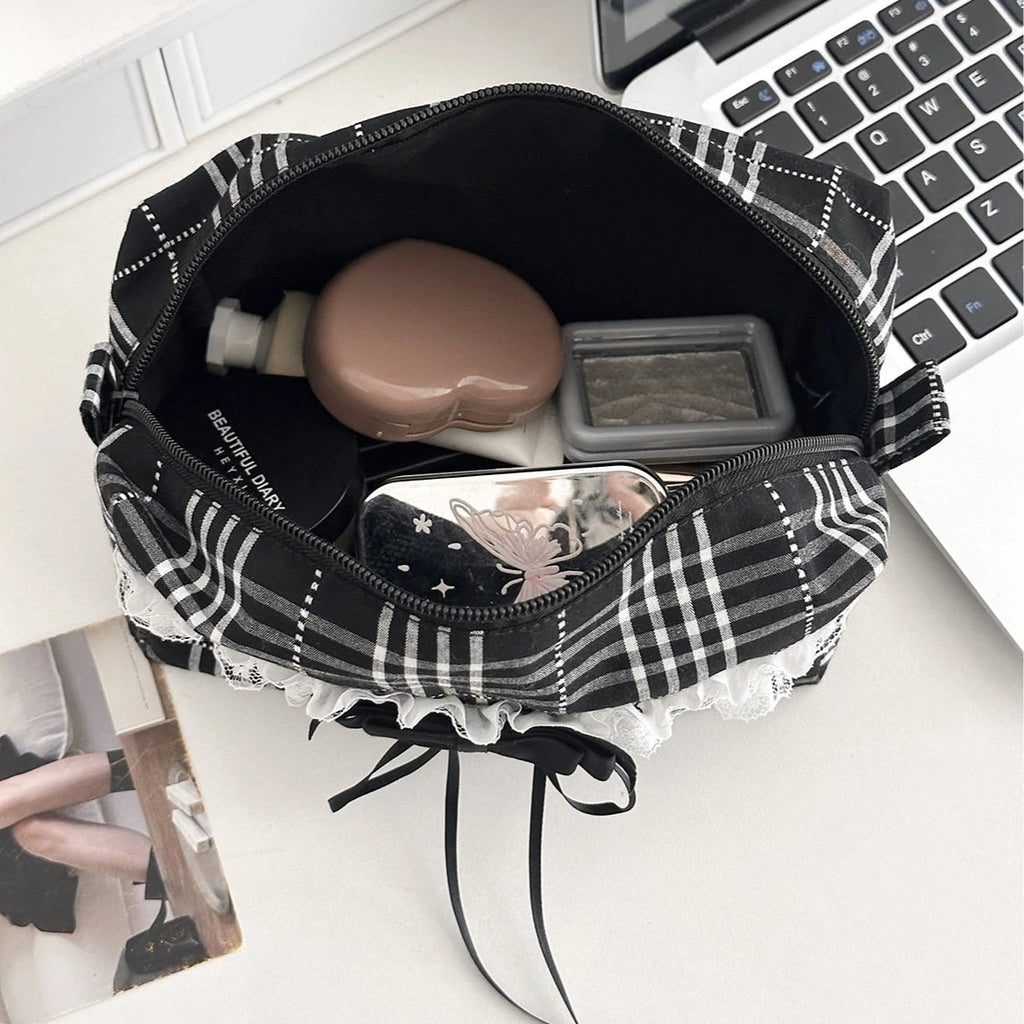 Lace Bow Canvas Makeup Bag