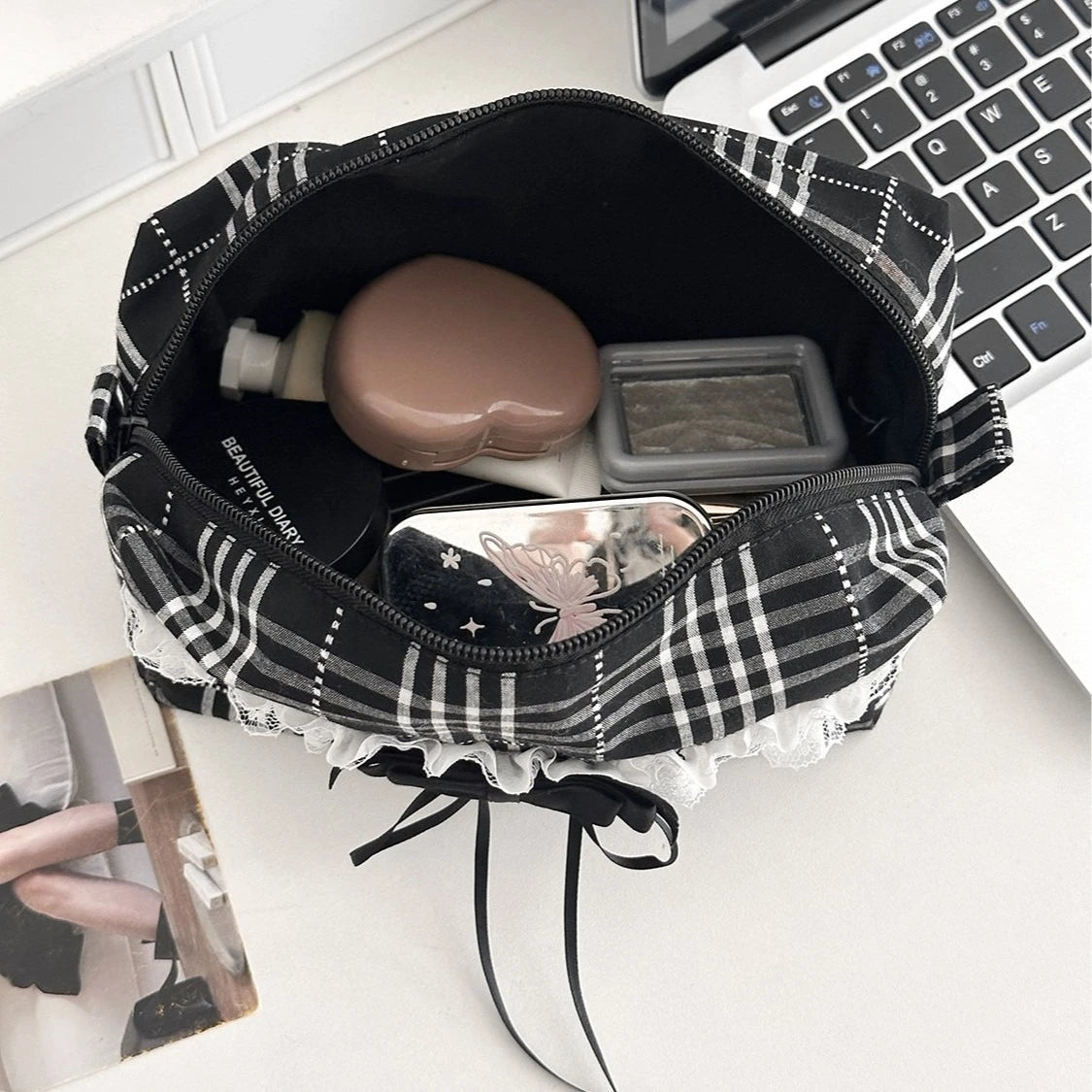 Lace Bow Canvas Makeup Bag