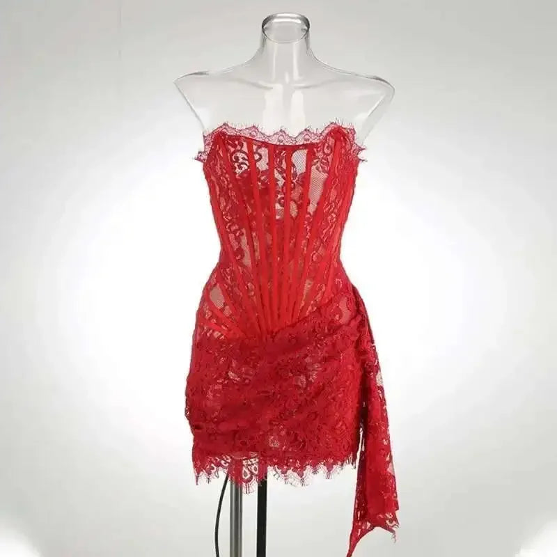 Sexy Lace See-through Corset Dress Patchwork High Waist Dress Elegant Printed Strapless Slim Evening Dress Tube Top Dress New
