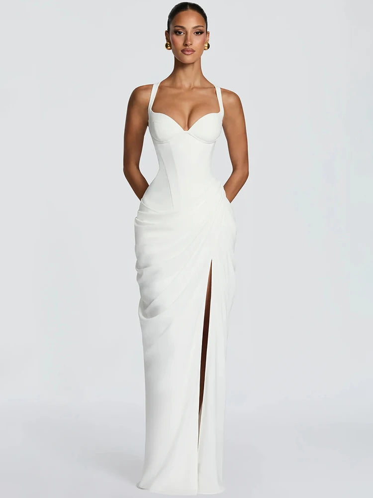 Mozision Women Sexy Maxi Dress Sleeveless Sweetheart Neck High Split Draped Ruched Long Party Dress Formal Wedding Guest Dress