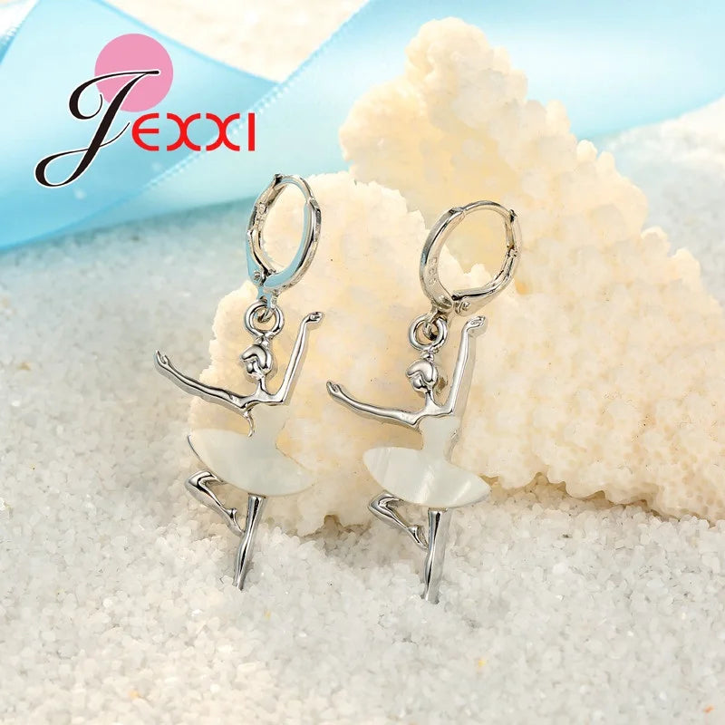 White Dancing Ballet Girls Jewelry Set Genuine 925 Sterling Silver Pendant Necklace/Earring Sets for Women Wedding Gifts