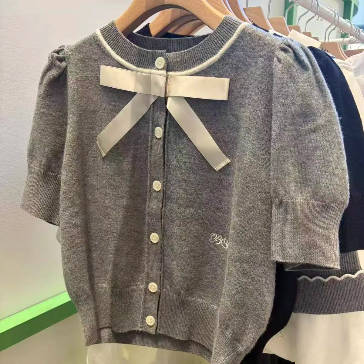 Japanese Style Sweet Stereo Bows Knitting Tshirt Cardigan Top Women Summer New Loose Casual Solid Short-sleeve Knitting Shirt