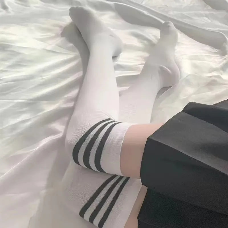 Thigh High Women Socks Solid Striped Knee-High Socks Slimming Comfortable Legwear