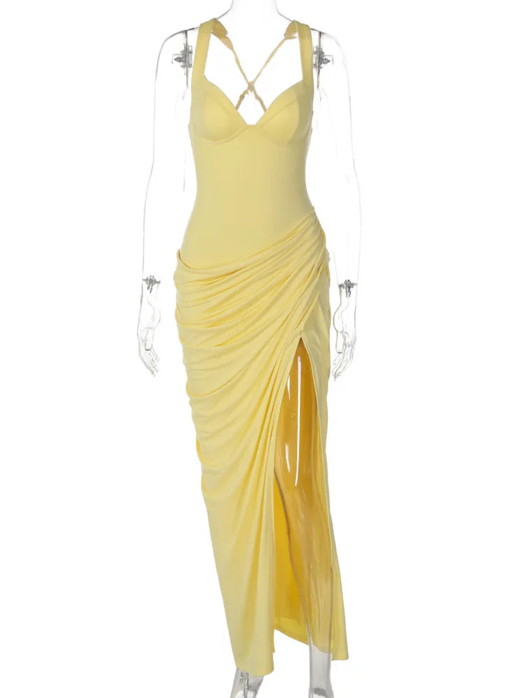Mozision Women Sexy Maxi Dress Sleeveless Sweetheart Neck High Split Draped Ruched Long Party Dress Formal Wedding Guest Dress