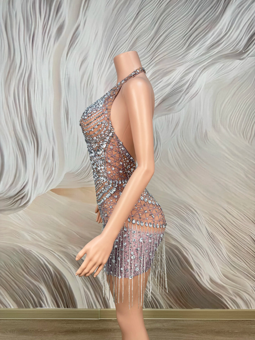 Sparkly Rhinestones Sexy Backless Mesh See Through Mini Dress Women Luxury Birthday Evening Party Dresses Nightclub Stage Outfit