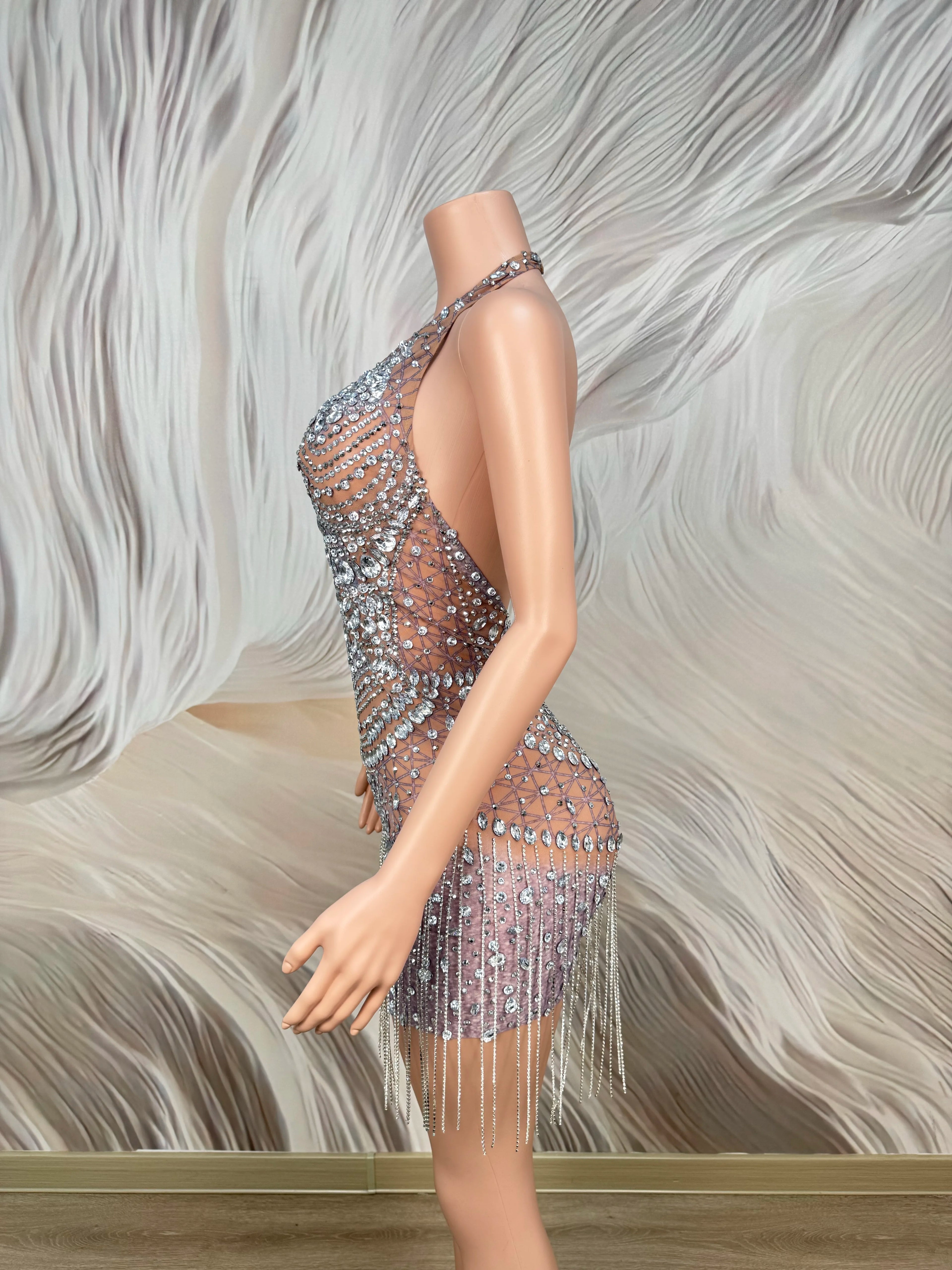 Sparkly Rhinestones Sexy Backless Mesh See Through Mini Dress Women Luxury Birthday Evening Party Dresses Nightclub Stage Outfit