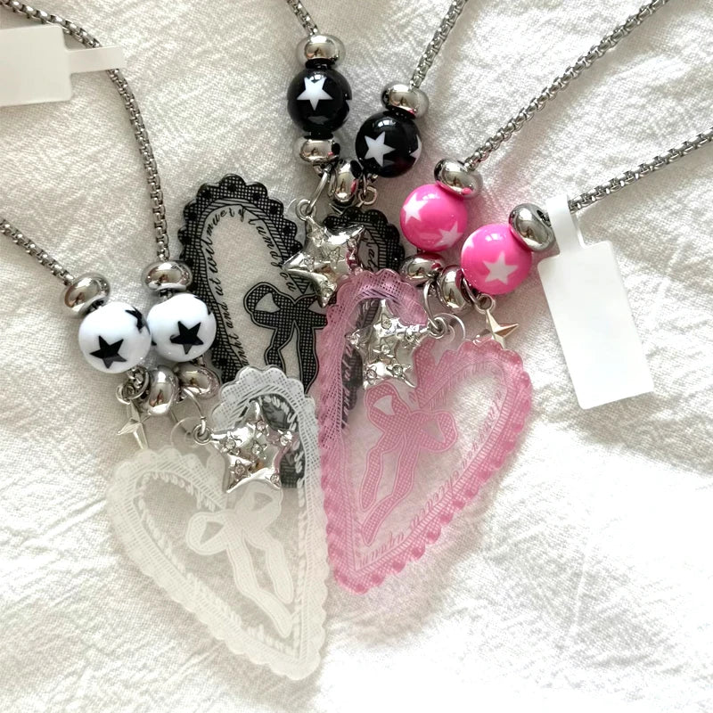 Pink Star, Lace & Bow Y2K Pendant Necklace