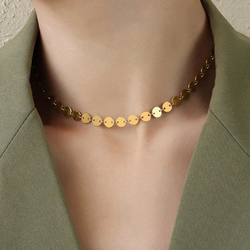 Women's Chokers Necklace Golden Color Round Metal Sequin Collar Short Chain Simple Punk Necklace Trendy Jewelry Gift