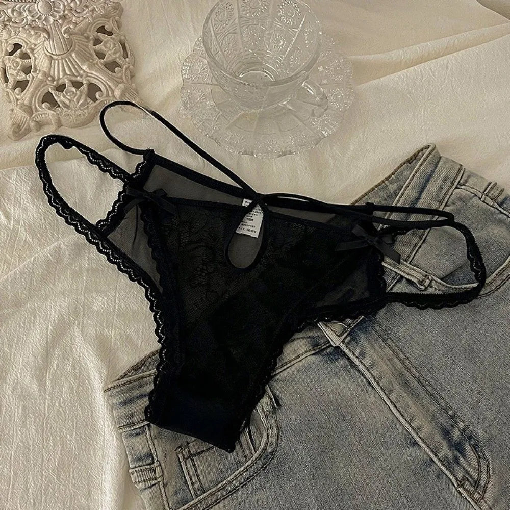 Lingerie Bow Lace Flower Panties Low Waist Hollow Lace Mesh Briefs Thin Strap Transparent Women Underwear Lady