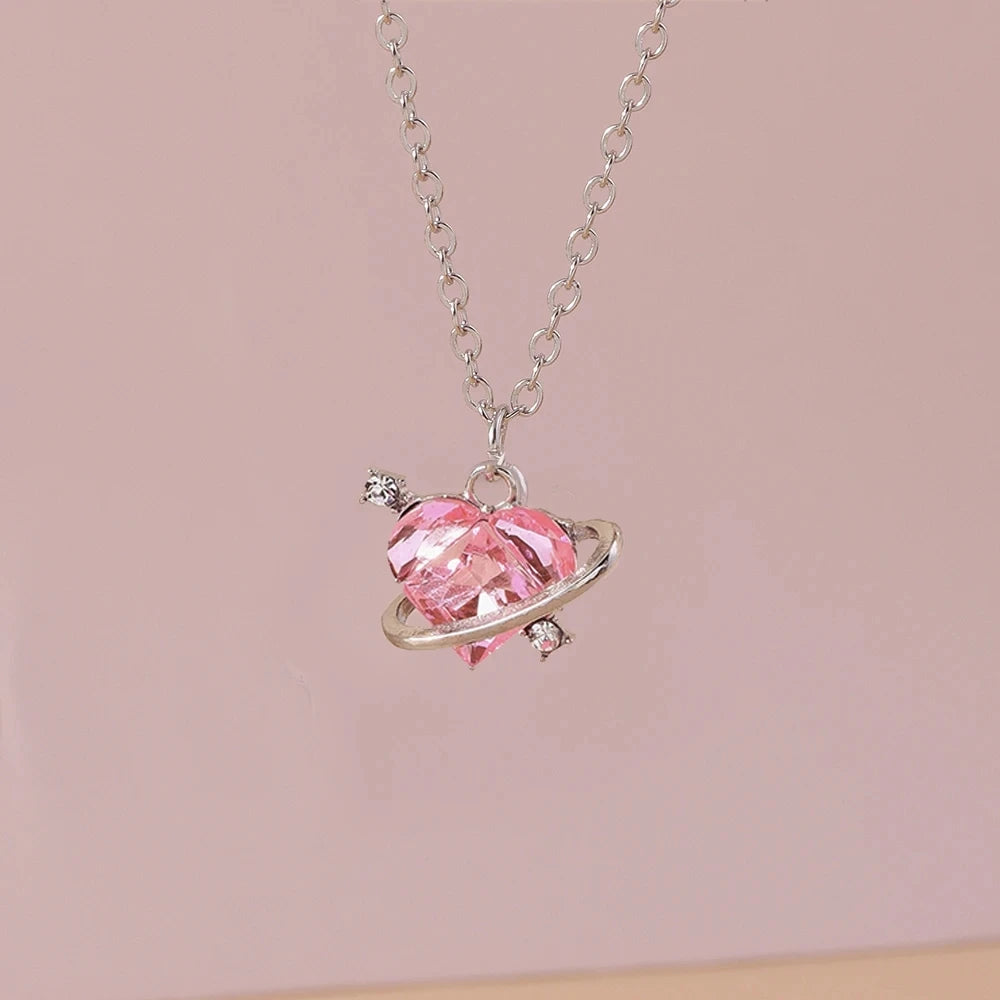 Pink Zircon Heart & Bow Pendant Necklace