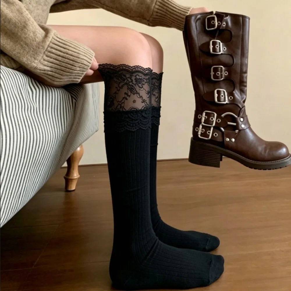 Warm Lace Design Thigh High Socks Knee High Pairs Lace Socks Warm Material Black White Lolita Stockings for Girls
