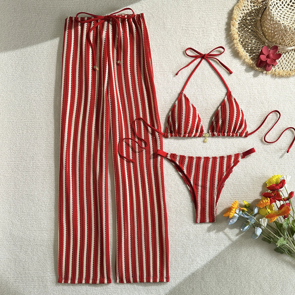 sexy knitted striped halter tie bikinis sets 3pcs with tie straight pants swimsuits beachwear bathing suit swimwear biquini
