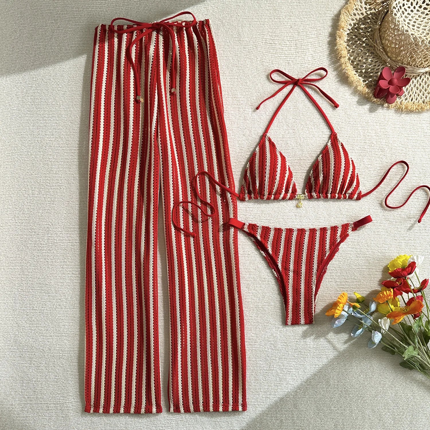 sexy knitted striped halter tie bikinis sets 3pcs with tie straight pants swimsuits beachwear bathing suit swimwear biquini