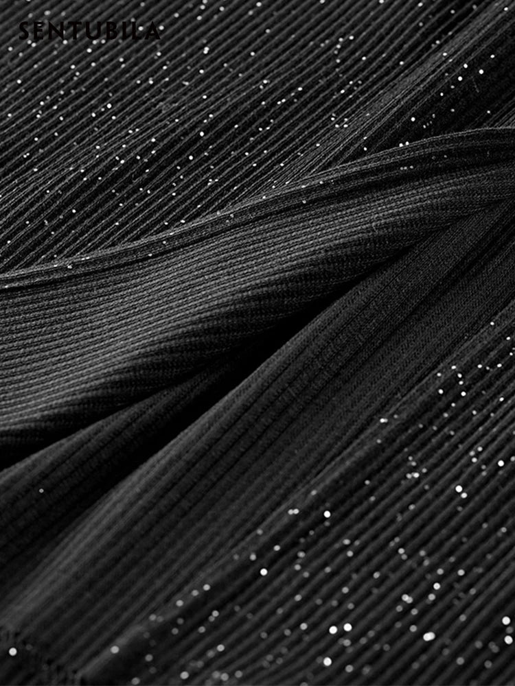 SENTUBILA Black Sequin Bodycon Dress for Women 2026 Autumn Elegant Lady Sexy Split Knitted Birthday Dress Luxury 143L56650X
